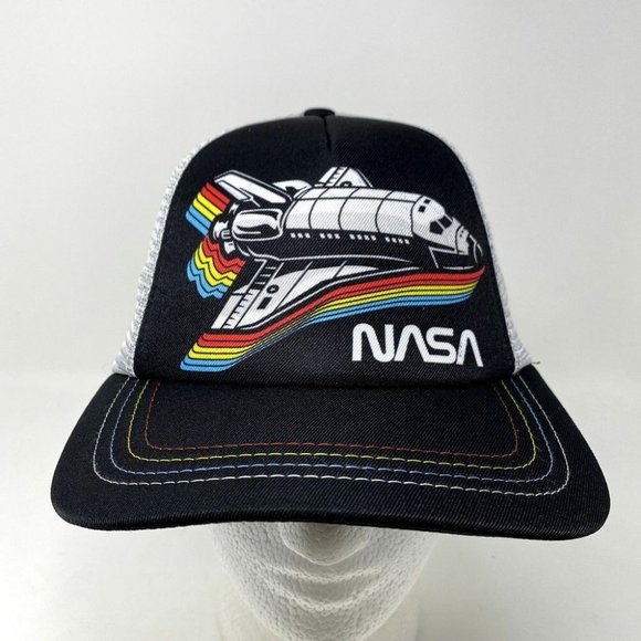 NEW NASA Spaceship Snapback Trucker Hat Black White Mesh Baseball Cap H3 Rainbow - Picture 1 of 6